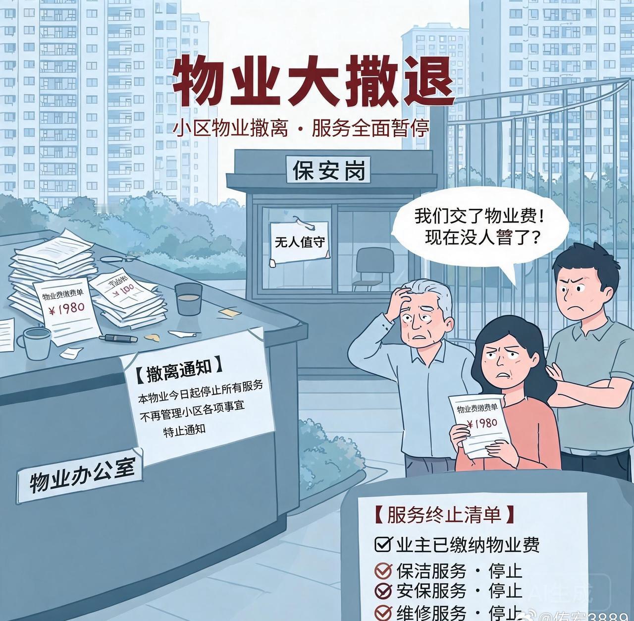 很多小区的物业公司走了，留下的不是清净，是一地鸡毛。保安没了、保洁缩了、公共