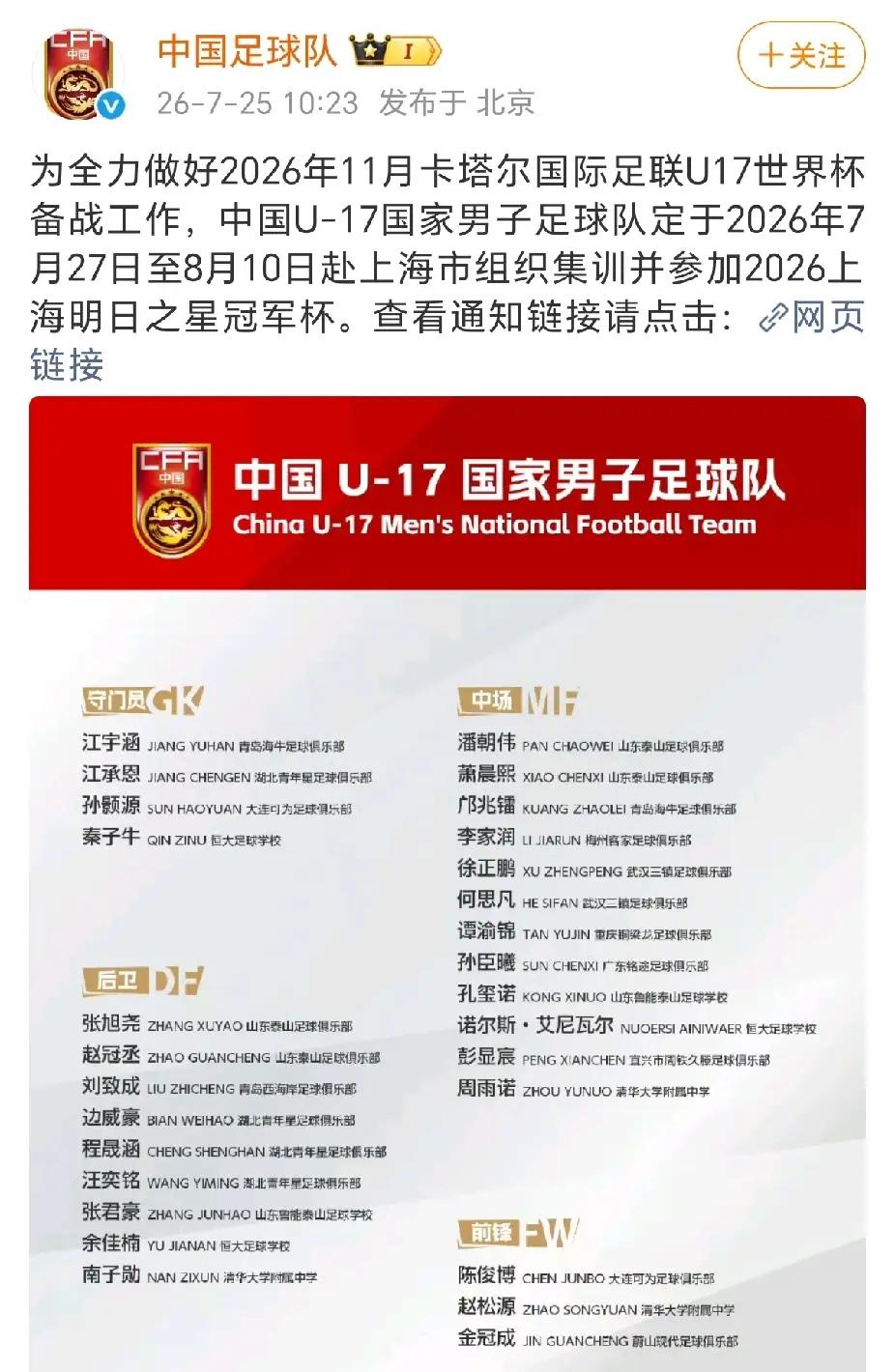 多元选材才是中国足球破局之路7月25日足协公布全新U17国少28人集训名单