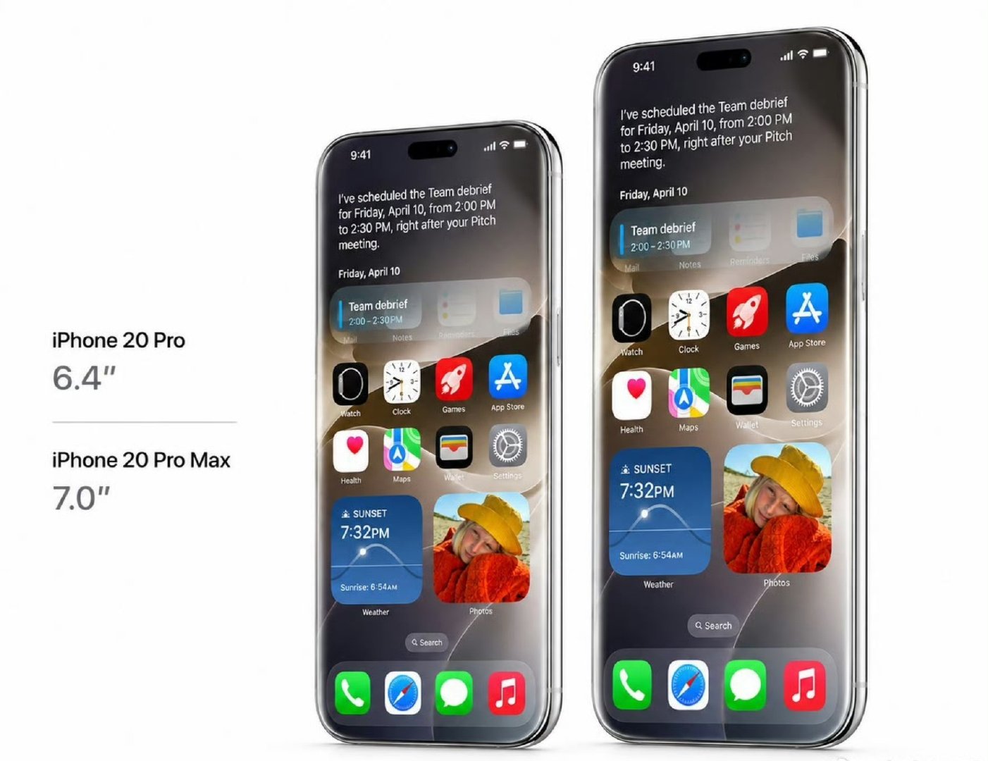 •iPhone20Pro：6.41英寸，2686×1236。•iPhone20ProMax：6.96