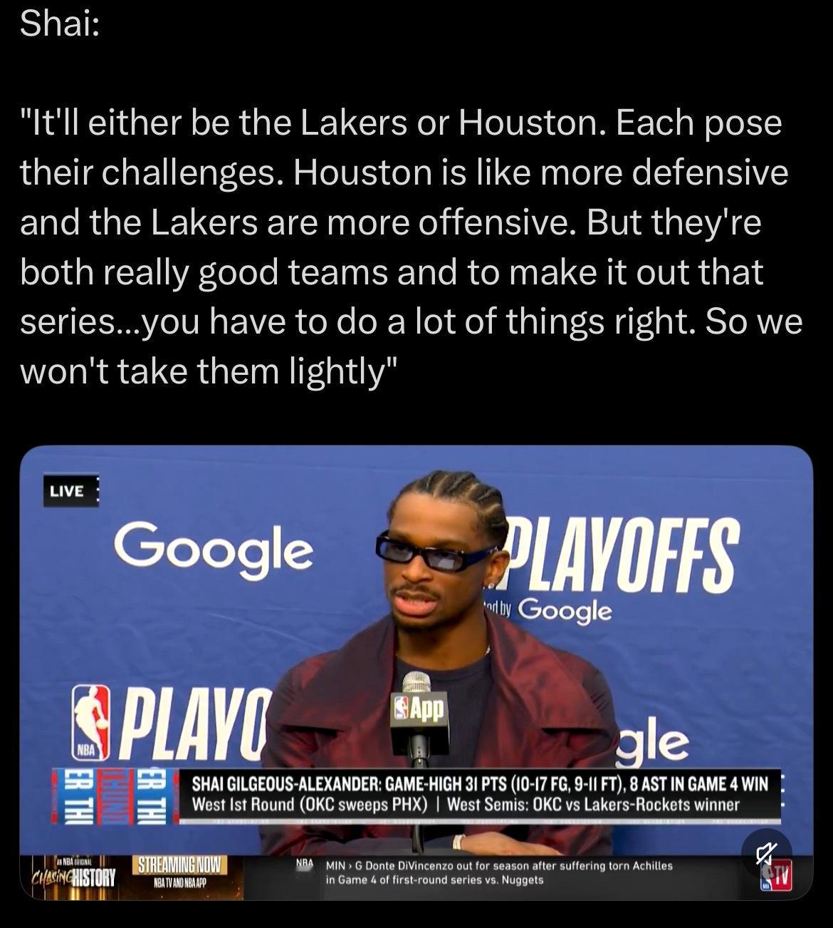 亚历山大评价火箭和湖人：“对手要么是湖人，要么是火箭，两队都各有各的难点。火箭偏