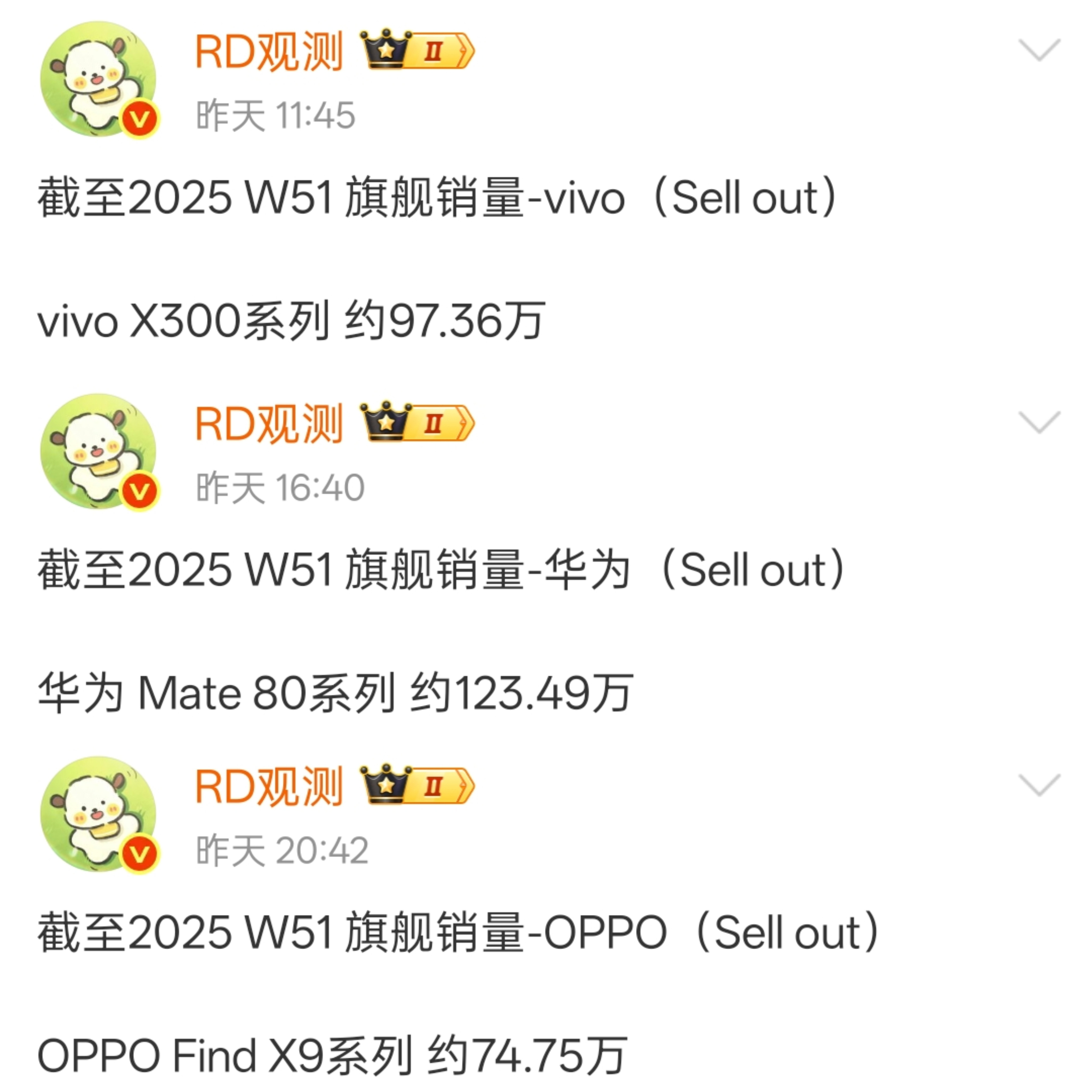 据RD观测公布各家旗舰销量数据如下，感觉如何？vivoX300系列约97.3