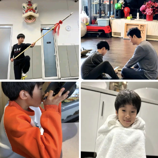 吴京在社交平台晒出了四张照片与儿子单独相处。他发文：“在家好好带孩子…”这是