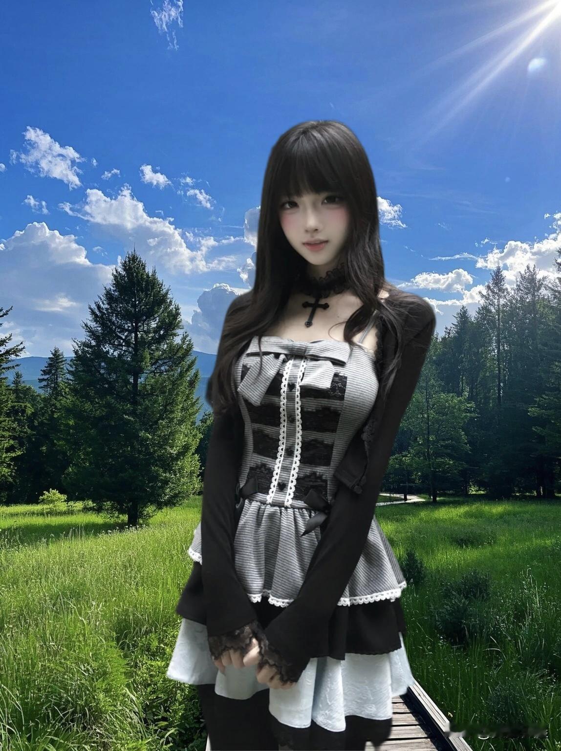 在阳光明媚的森林中，穿着哥特式连衣裙的少女，散发着神秘与优雅的气息。