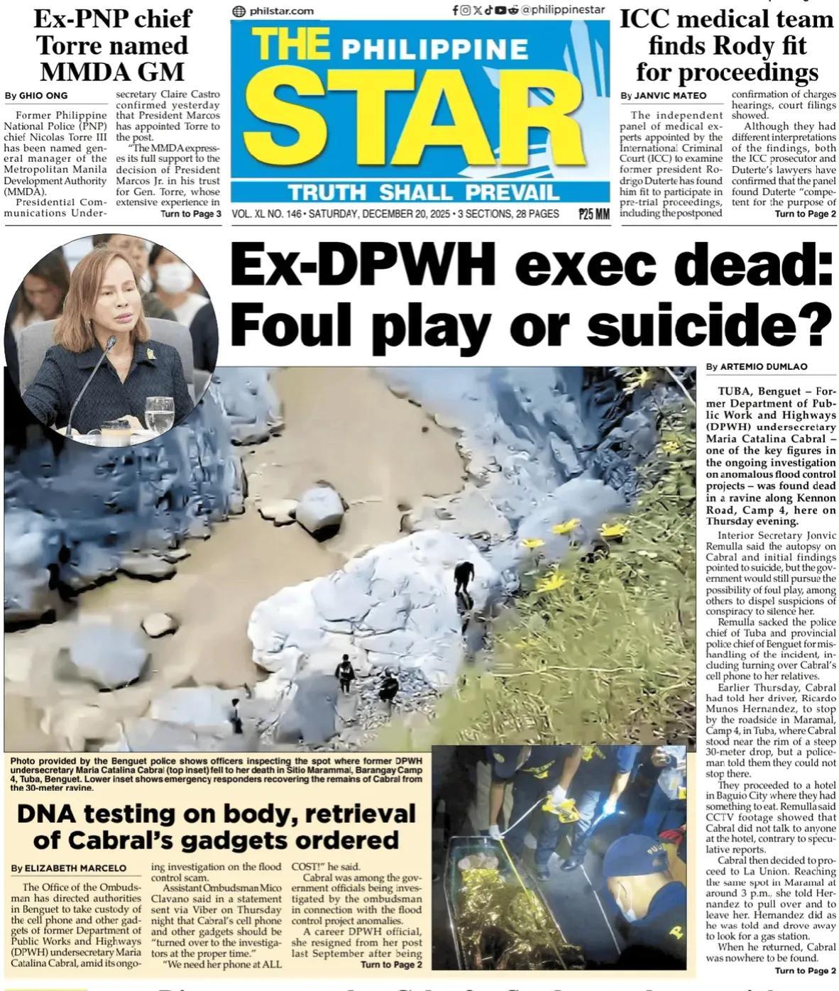 菲律宾防洪工程腐败案件还引发出来命案，让人大吃一惊。《菲律宾星报》头版报道称，