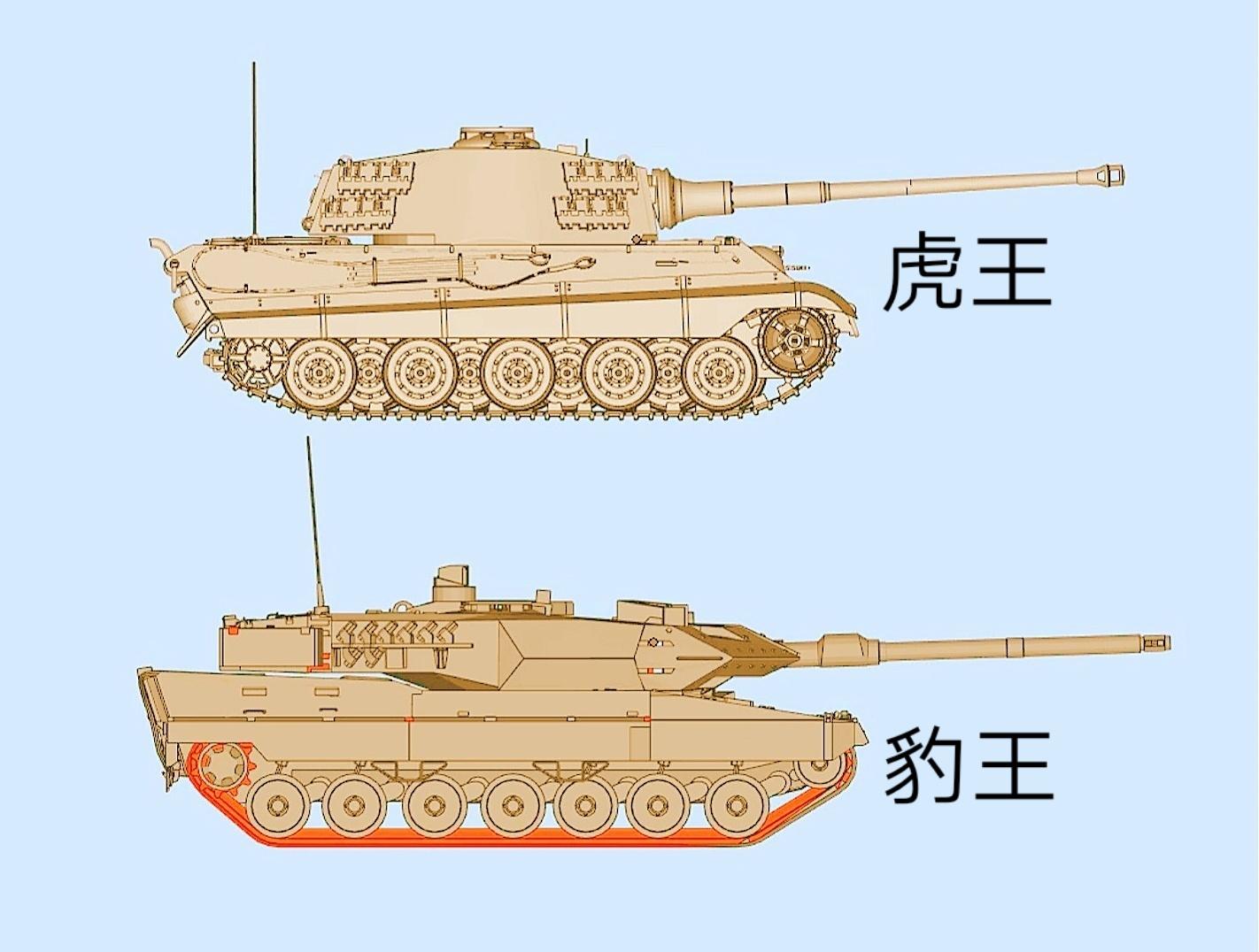 两辆不同时期的德国坦克。图1☞上图=虎王坦克，下图=豹王坦克 图2☞左...