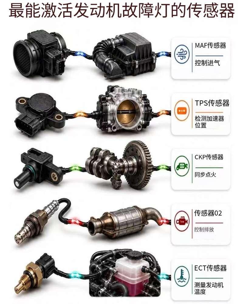 发动机故障灯亮起的原因有很多，其中部分传感器是现代车辆绝大多数故障码的诱因。