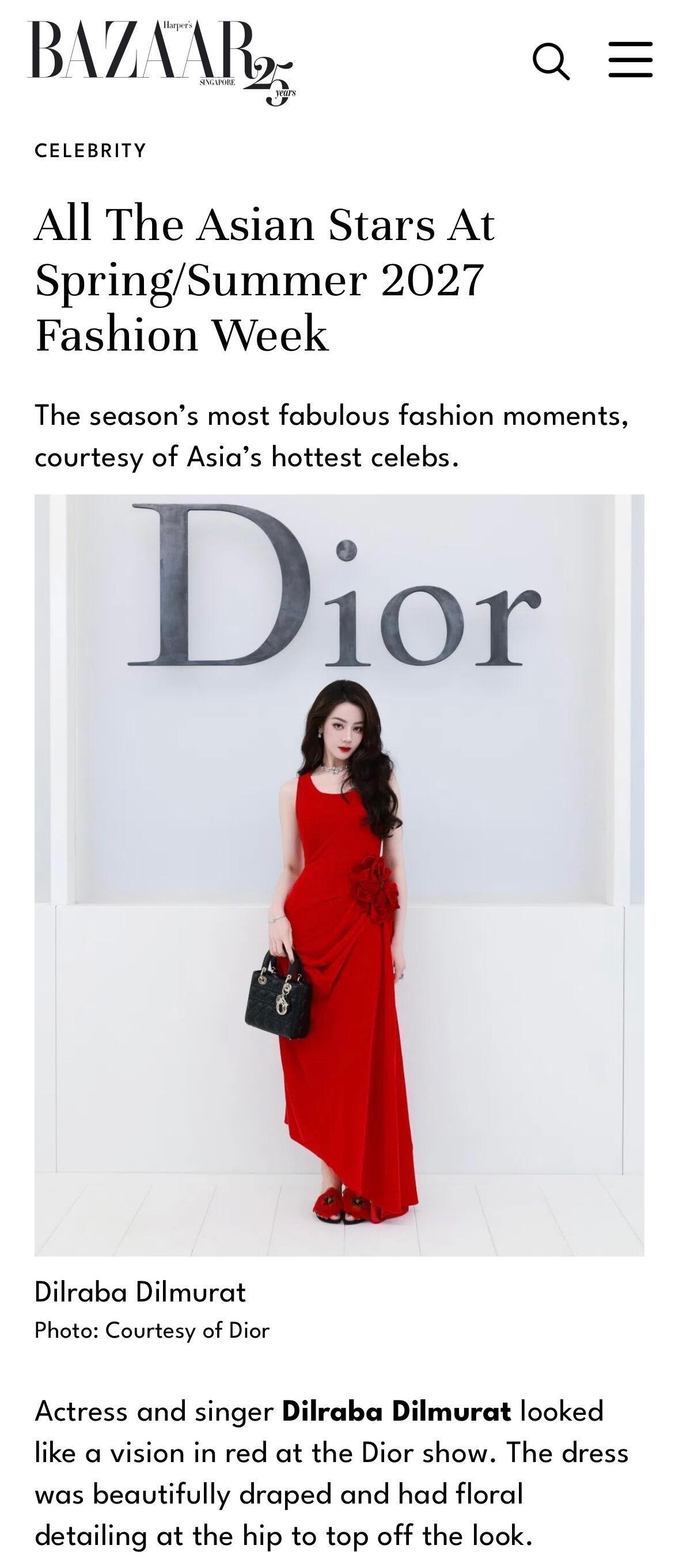 ELLE/芭莎新加坡外网报导迪丽热巴Dior红裙造型真的太惊艳了​​​