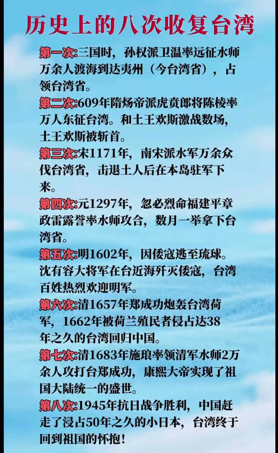 历史上的八次收复台湾！