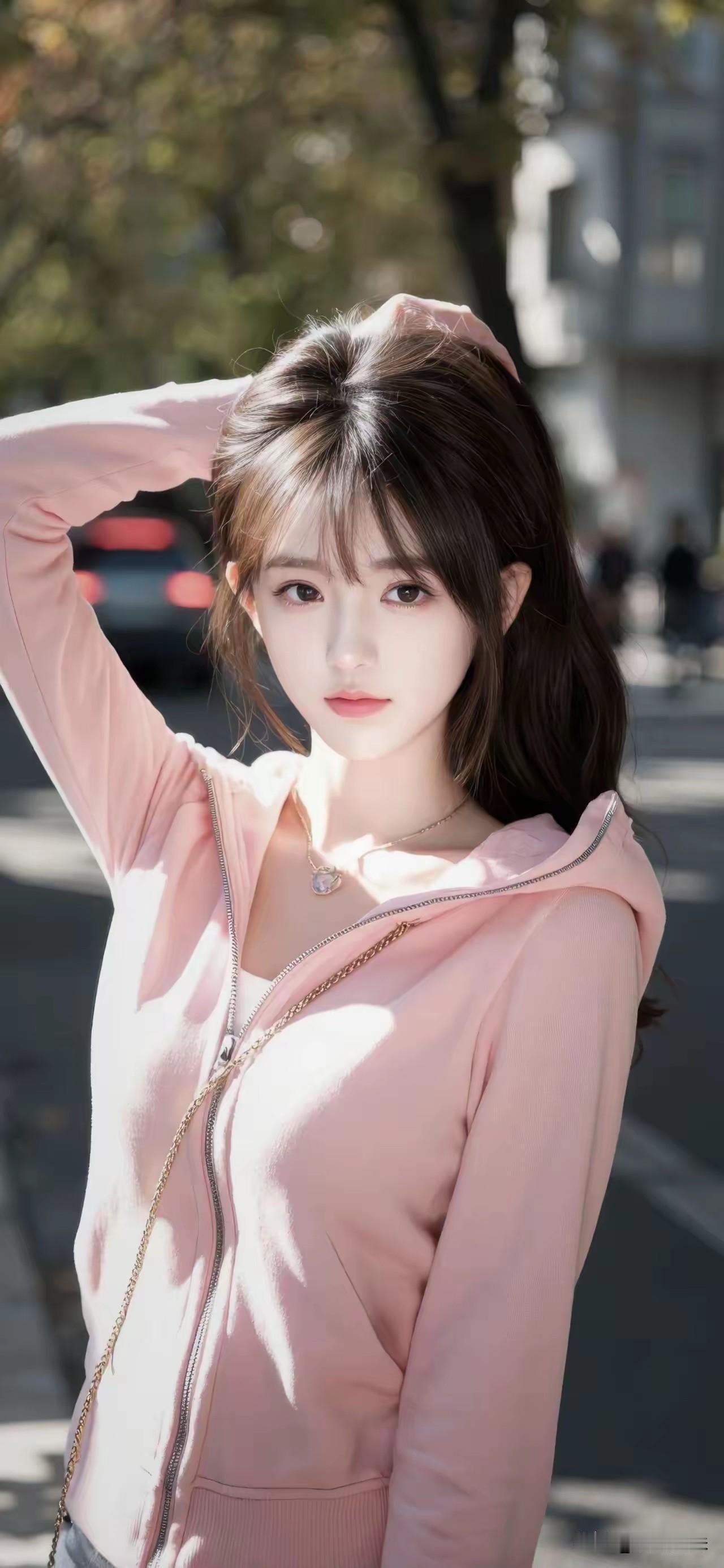 粉衣美人倚树立，笑语盈盈暗香来。