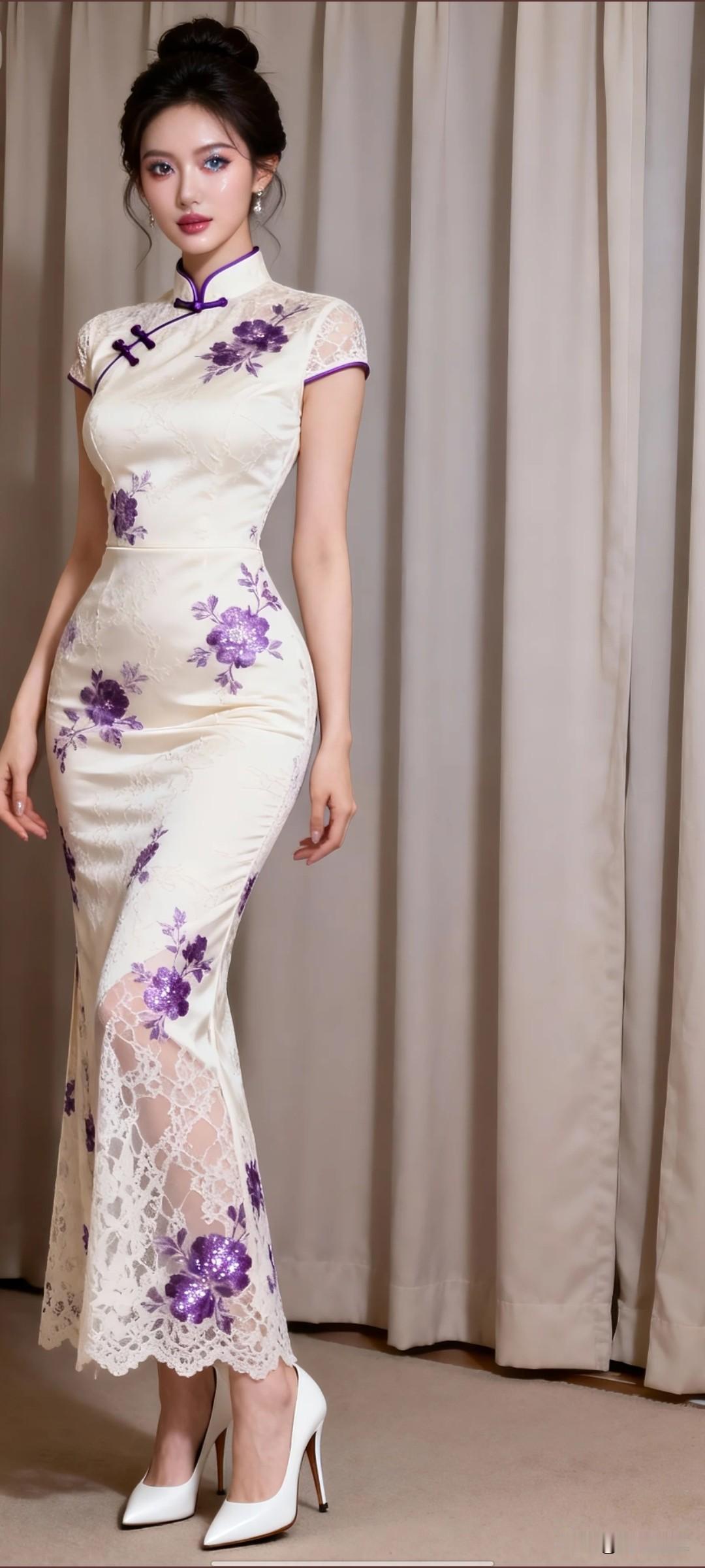 优雅旗袍秀，紫色花卉点缀，尽显东方韵味！