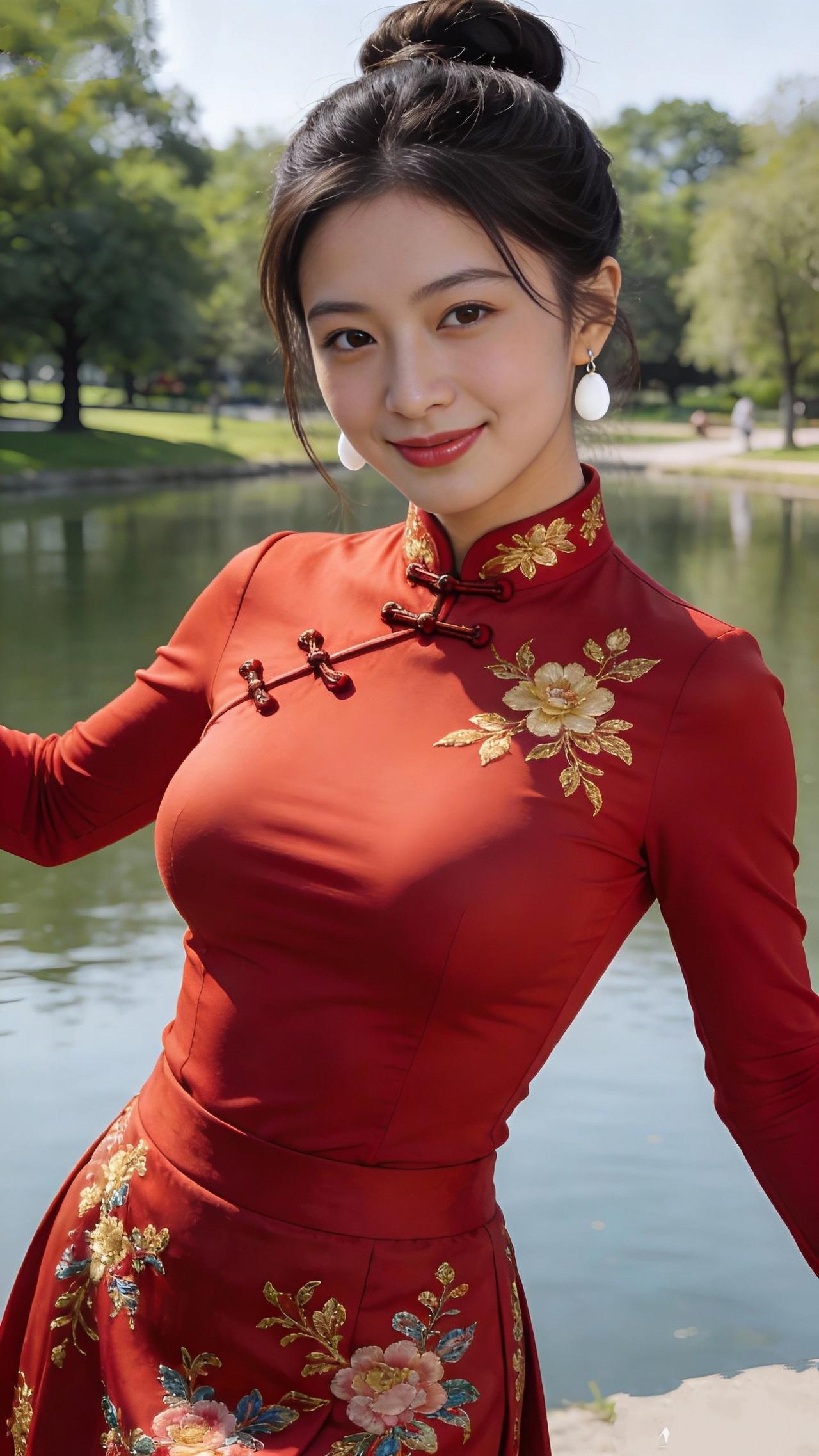 《红襟映水》金蕊凝红襟上开，云鬟高绾落霞腮。一湾碧水摇晴影，笑靥轻扬入画