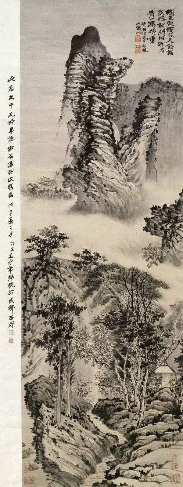 张大千仿石涛笔意图。张大千早年仿石涛的面貌。他在临摹上下过苦功夫，对石涛的绘画