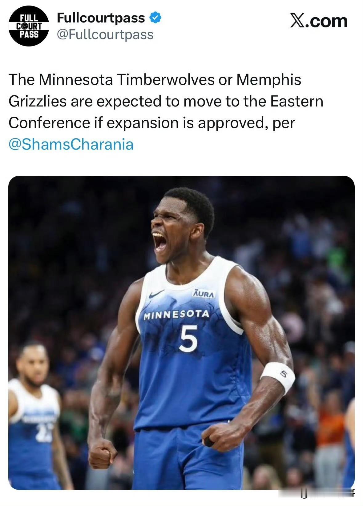 森林狼和灰熊有望成为东部球队！！！根据记者Shams透露消息，NBA本周会讨