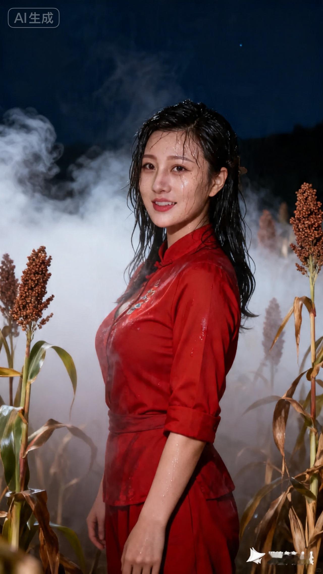 雨中红衣少女，唯美如画，尽显东方韵味。