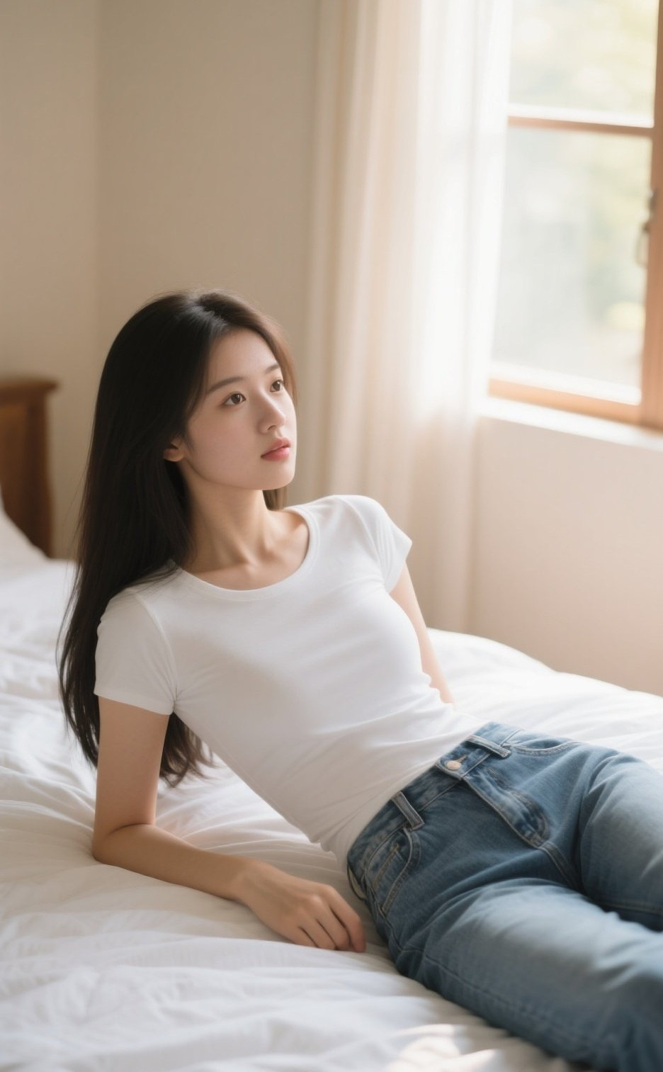 清纯美眉居家写真，牛仔裤显娇俏身姿
