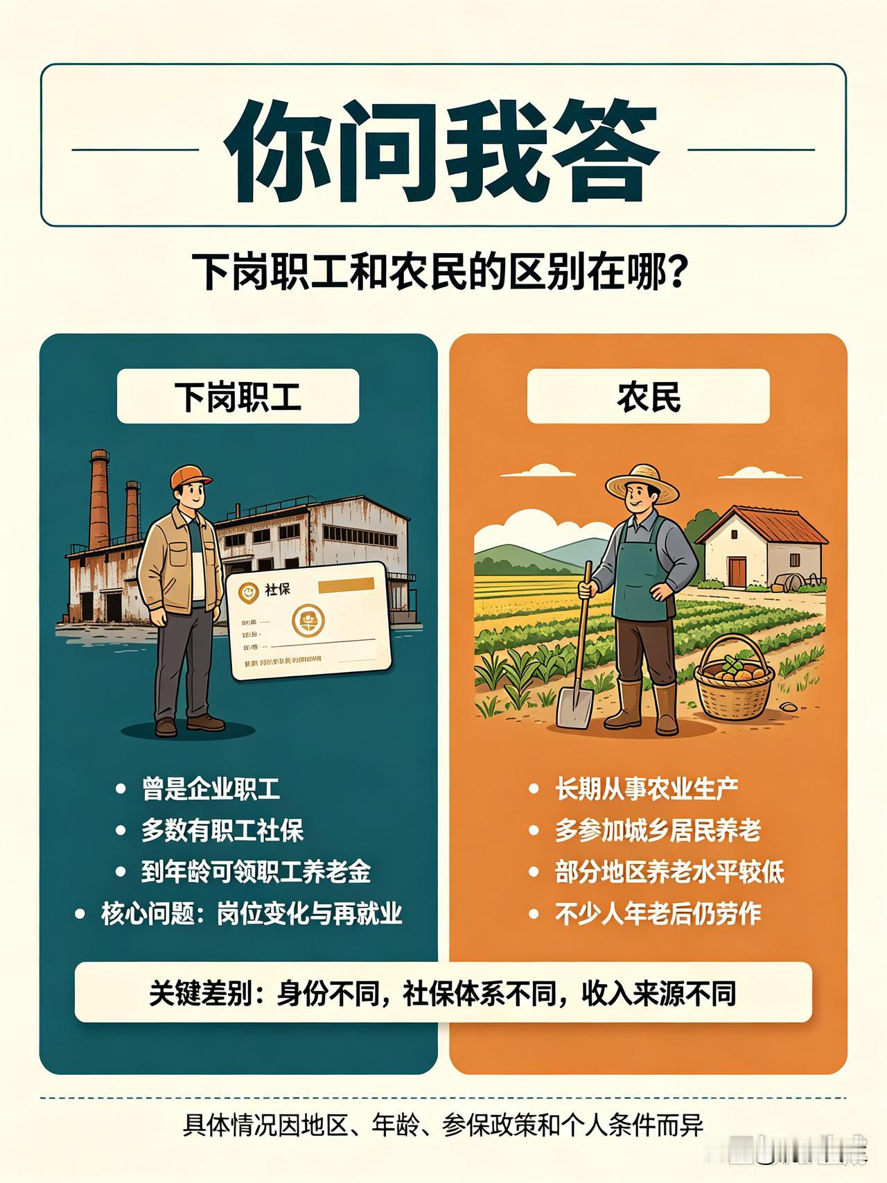 问：下岗职工和农民的区别在哪？答：下岗职工从前属于企业职工，在岗缴纳职工养老保