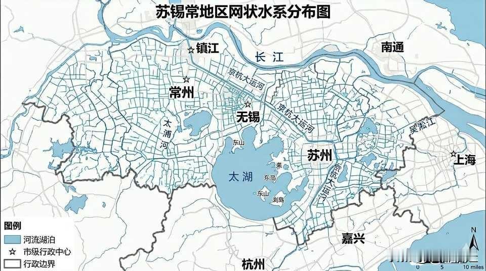 这张苏锡常地区网状水系分布图，一眼便能让人感受到“江南水乡”的十足底气。京杭大