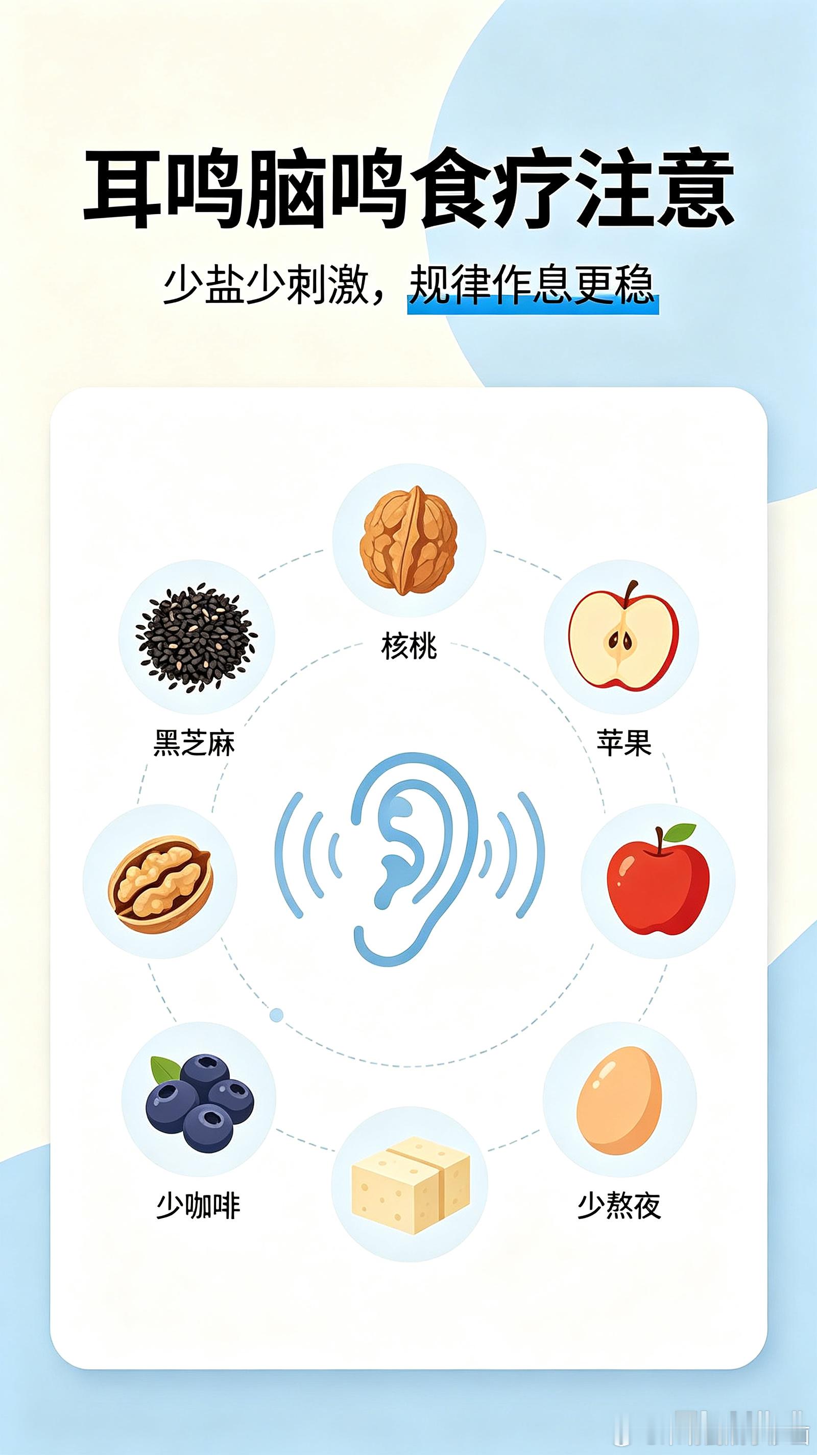 耳鸣脑鸣食疗注意耳鸣、脑鸣大多和神经疲劳、内耳微循环变差、作息紊乱有关，除了规律作息、远离噪音，日常