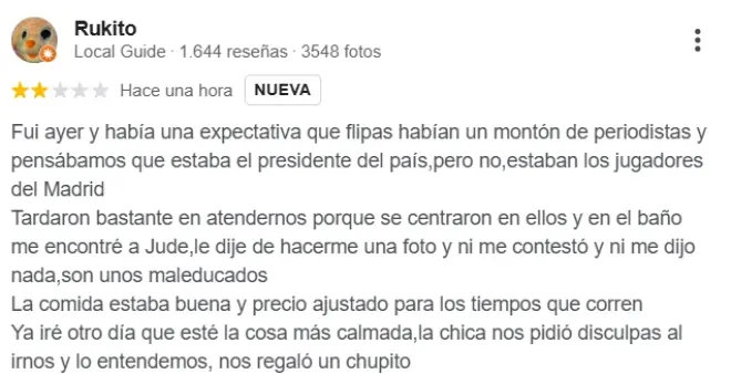 皇马全队聚餐的那家餐厅收到了一则顾客评价：“昨天我们去打卡，但场面夸张到离谱，来