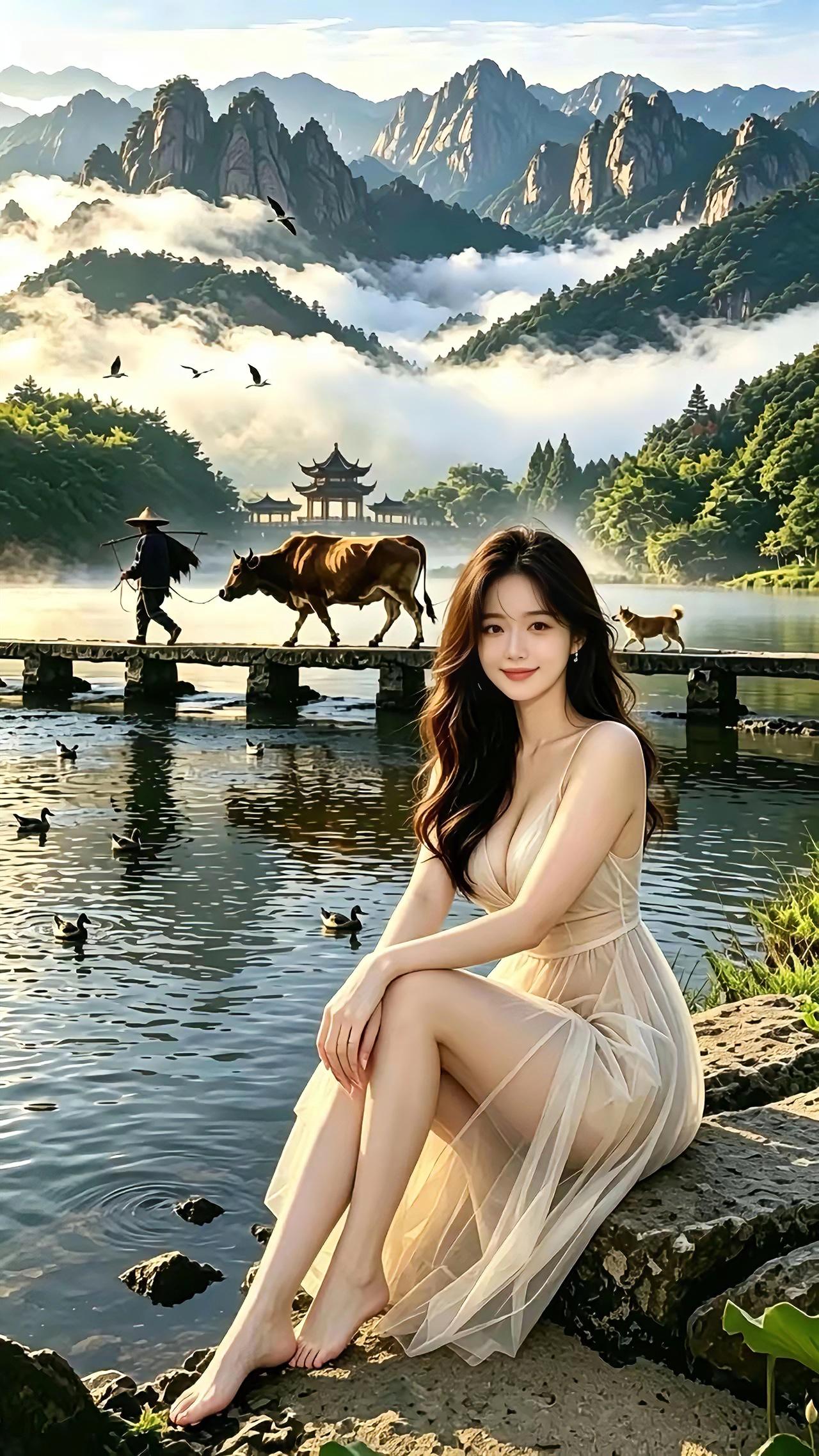 山水佳人奇峰叠翠绕云烟，碧水悠悠映远天。耕夫驱犊过桥边，野鸭嬉游水浪涟。