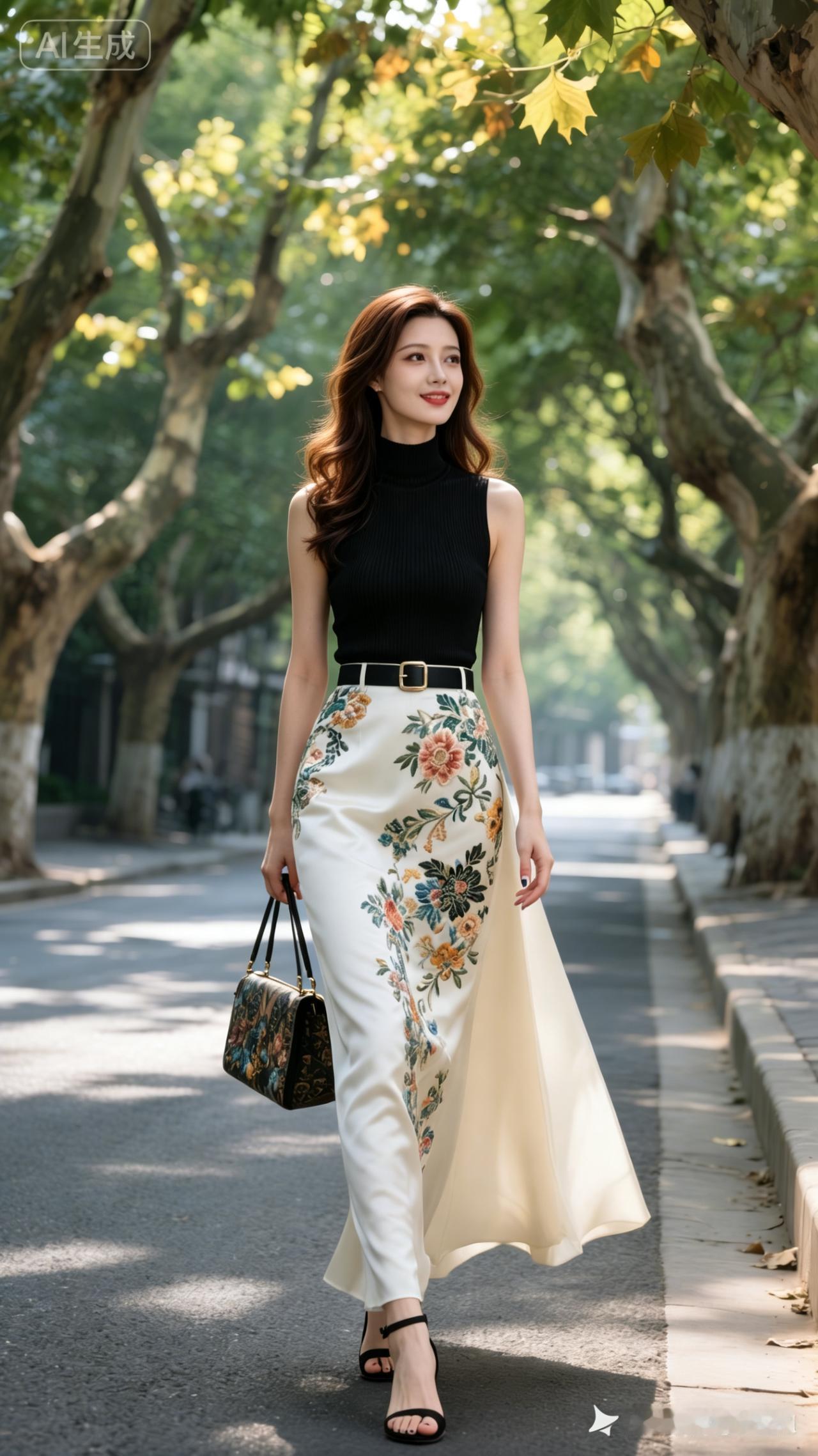 秋日穿搭指南：黑色高领衫+印花长裙，优雅出街
