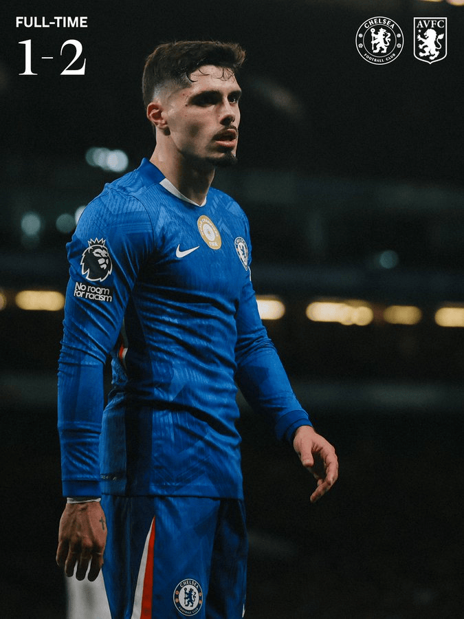 切尔西1-2维拉全场数据: 控球率63%-37%, 射正3-8