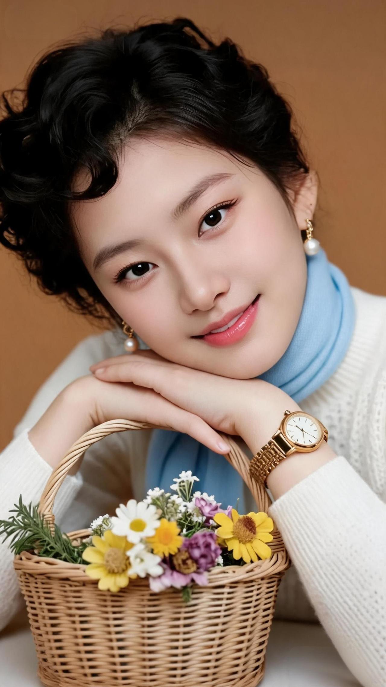 温柔微笑，花篮相伴，冬日暖阳下的美好时光。🌼💐🌻