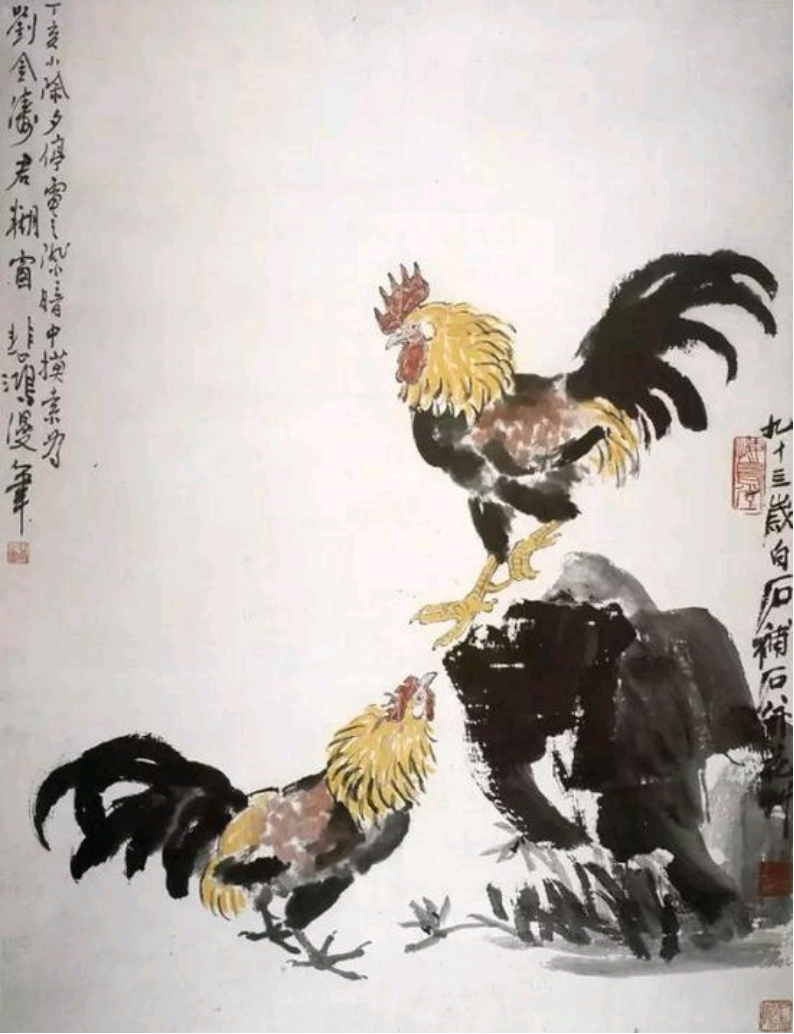 1947年除夕，徐悲鸿为挚友刘金涛作画，刚画完两只公鸡，突然停电了。一时间没办法