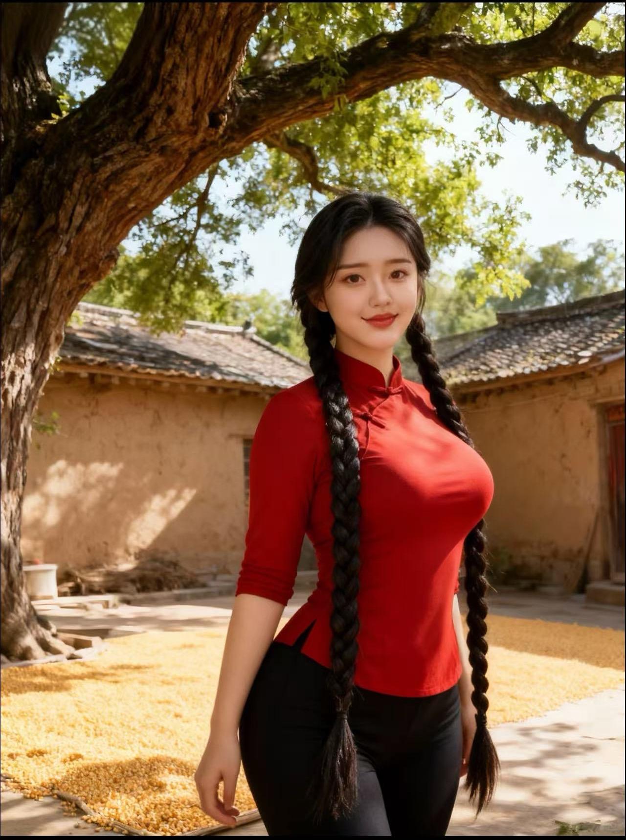 古村佳人，岁月静好古村幽静，一棵大树如伞盖般撑开，洒下斑驳光影。佳人立于树下