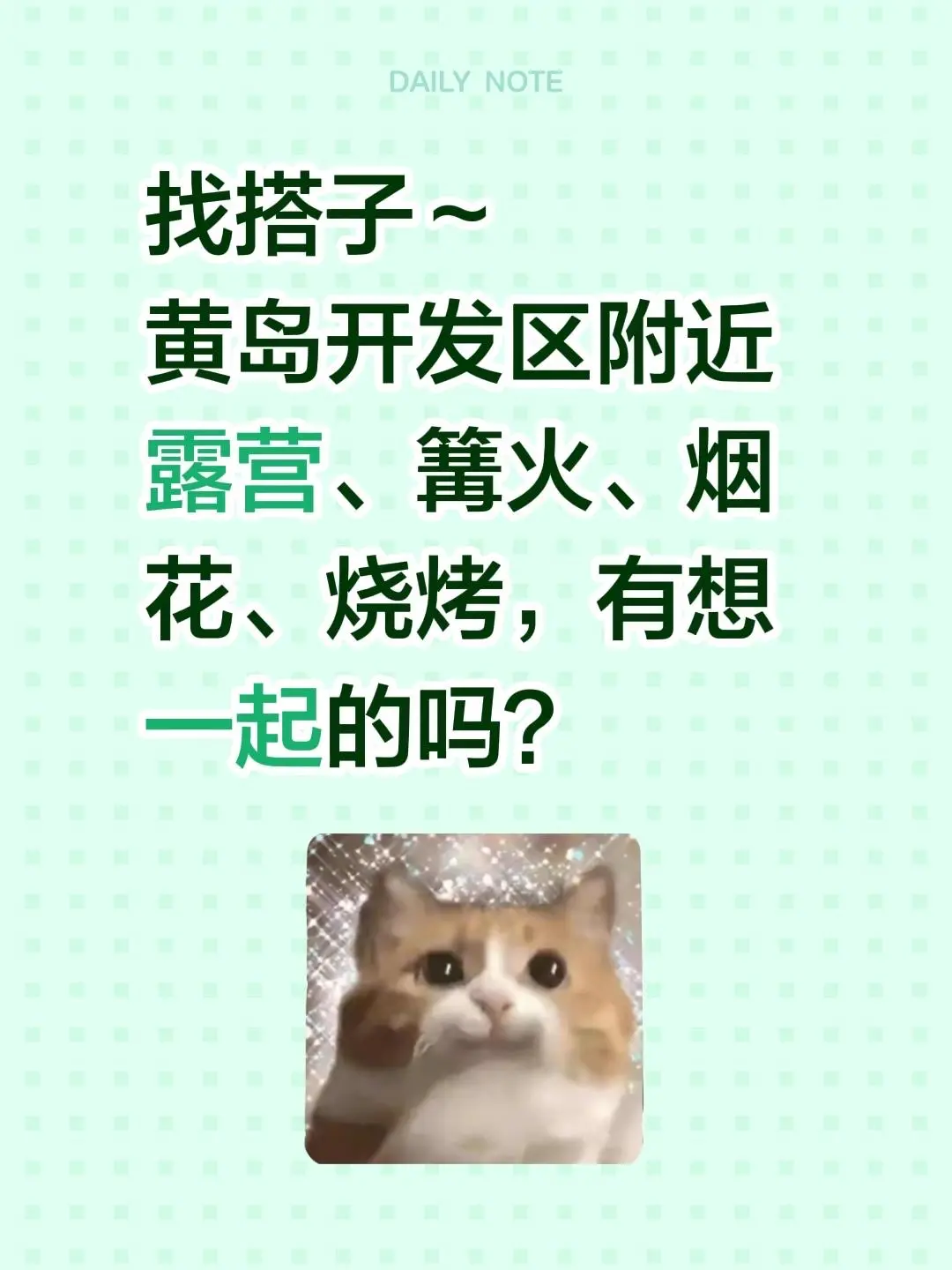 找搭子～ 黄岛开发区附近露营、篝火、烟花、烧烤，有想一起的吗？