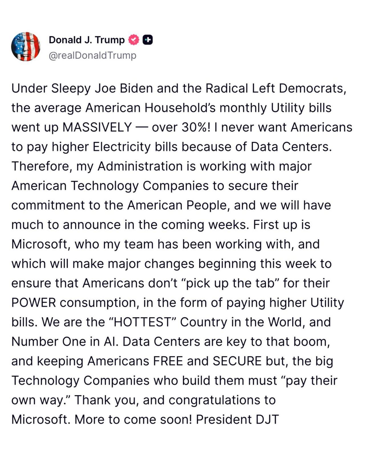 特朗普宣布，所有新的AI数据中心将由科技公司自行供电，而不会增加美国人的电费