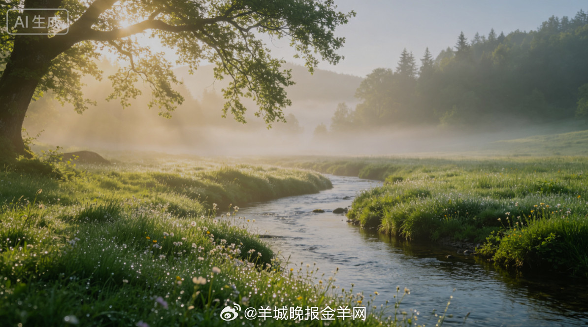 #早安#盛夏清晨，柔和晨光穿透枝叶落在浅溪旁的青草地，溪水流淌叮咚作响，遍地细