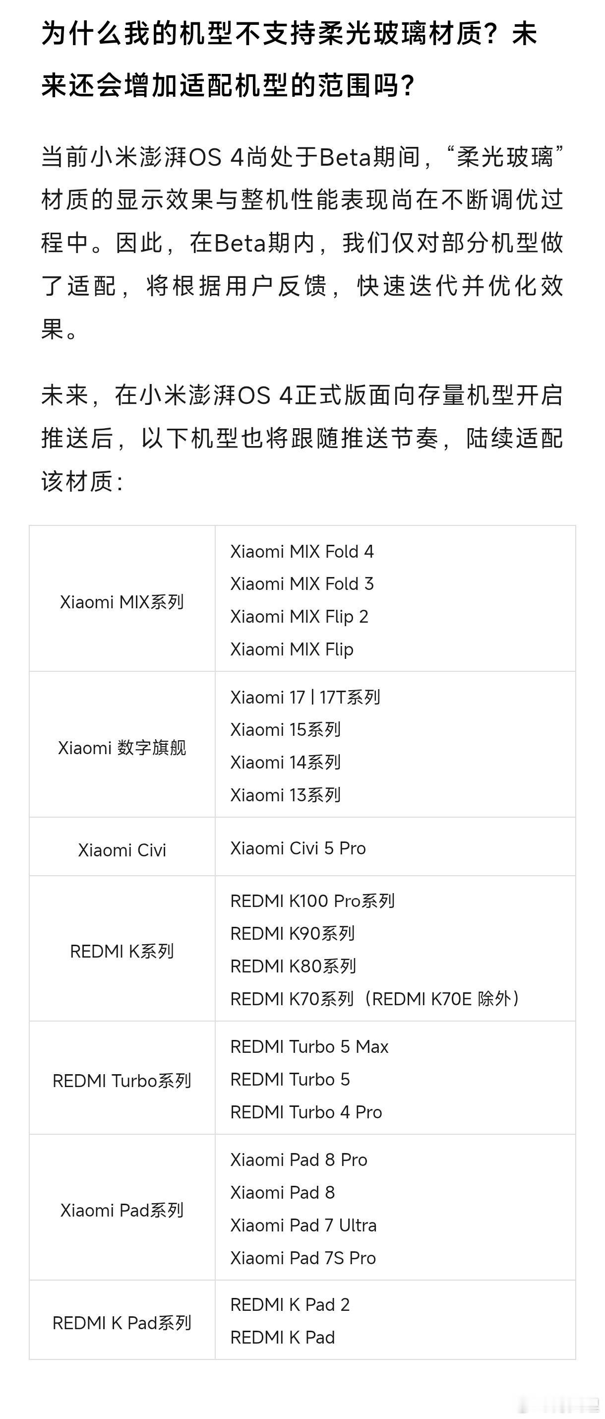 小米澎湃OS4柔光材质后续适配情况