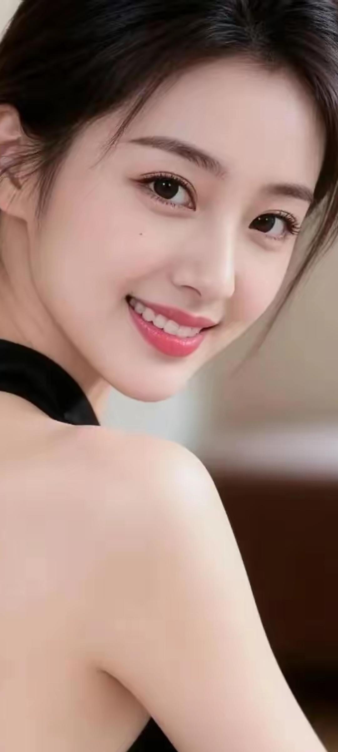 甜美笑容，温柔眼眸，黑发美人，优雅气质