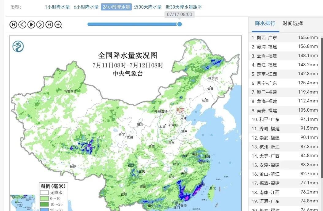 降雨方面，昨日，受“丹娜丝”残余涡旋与西南季风共同影响，福建沿海、广东东部及沿海