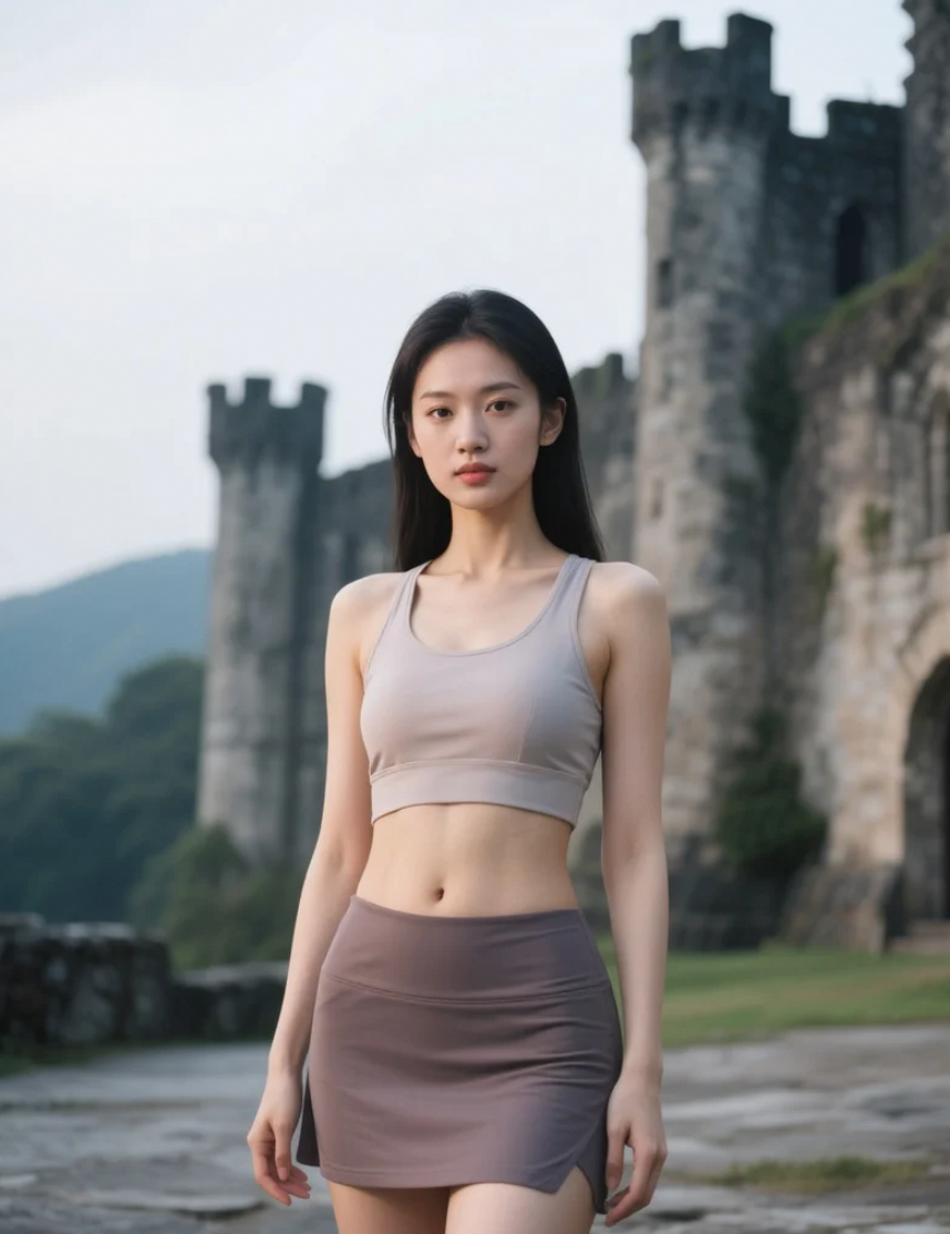 古堡前的亚洲美女，透露出一抹神秘而迷人的风采