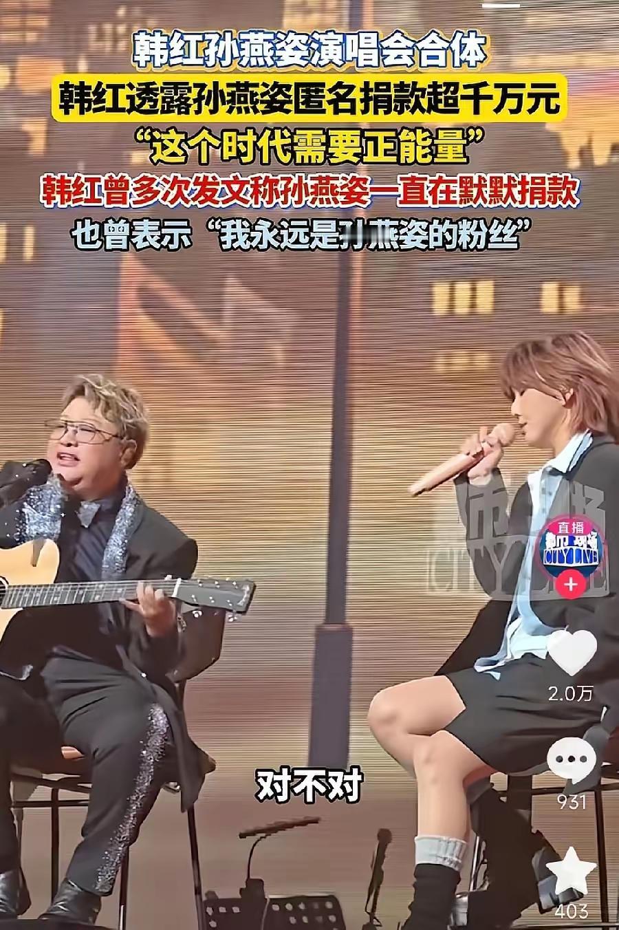 韩红在演唱会上说，有一个歌手叫“燕姿”，她捐款了1180万，帮助了上千个村