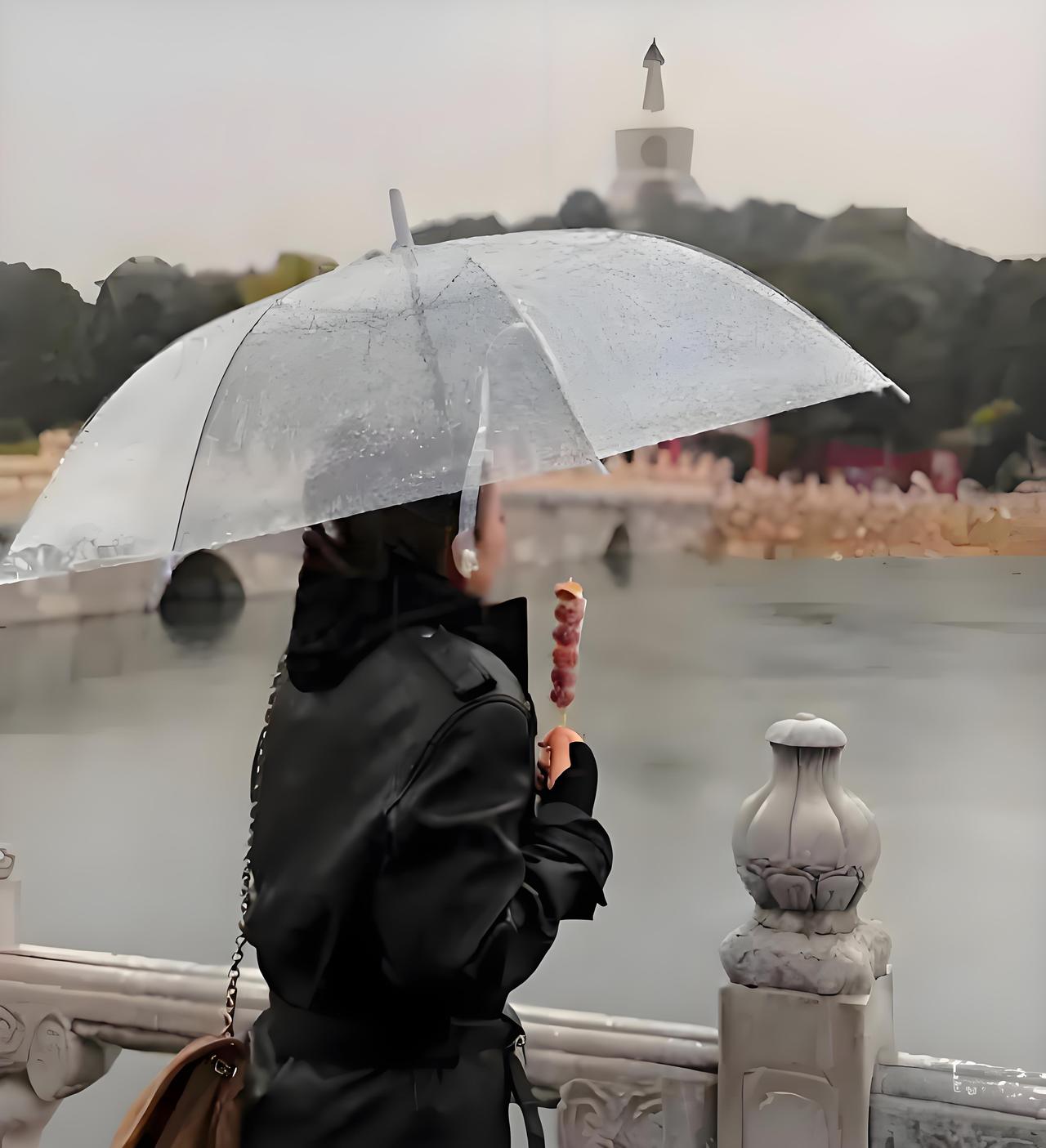 2025年11月8日，60岁的巩俐现身北京北海公园，一身酷飒黑色皮衣搭配透明雨伞