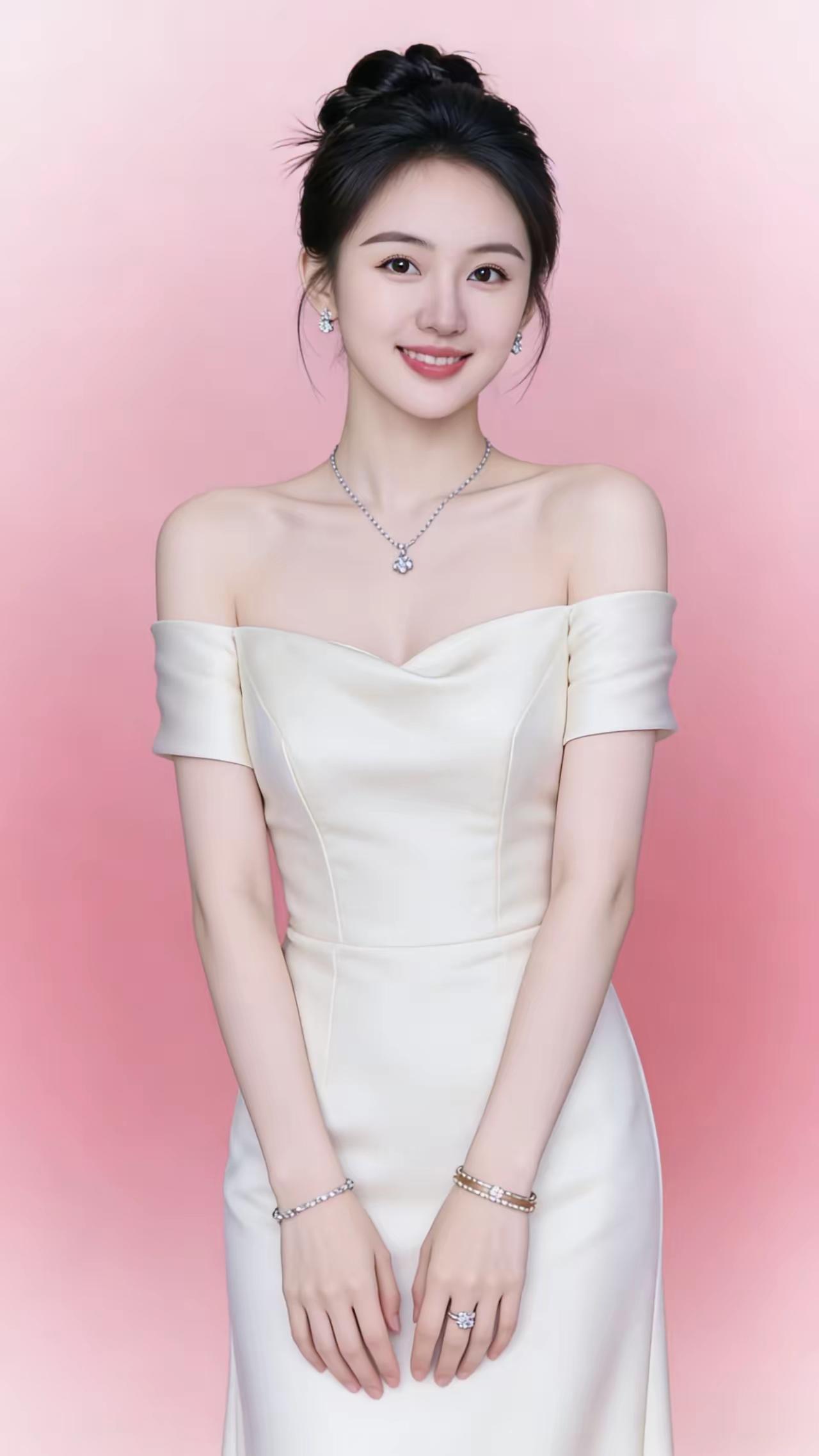 优雅白裙，甜美笑容，闪耀珠宝，完美女神！