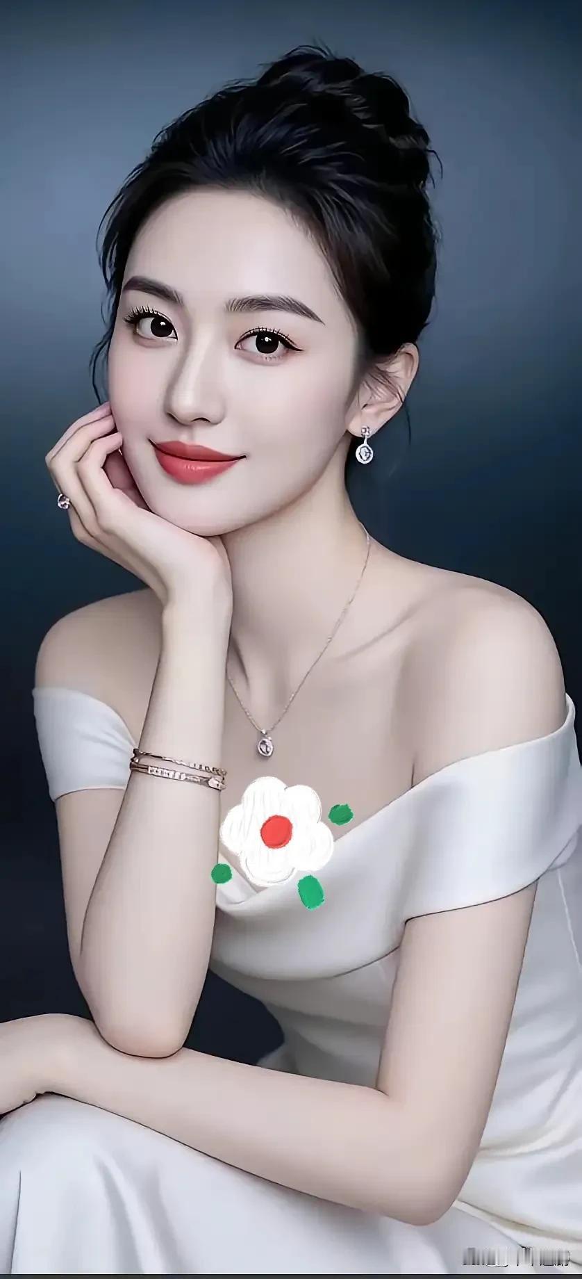 白裙衬着露肩的柔，发梢轻挽时，腕间与颈间的细闪，是笑意里藏不住的温软。白裙少女