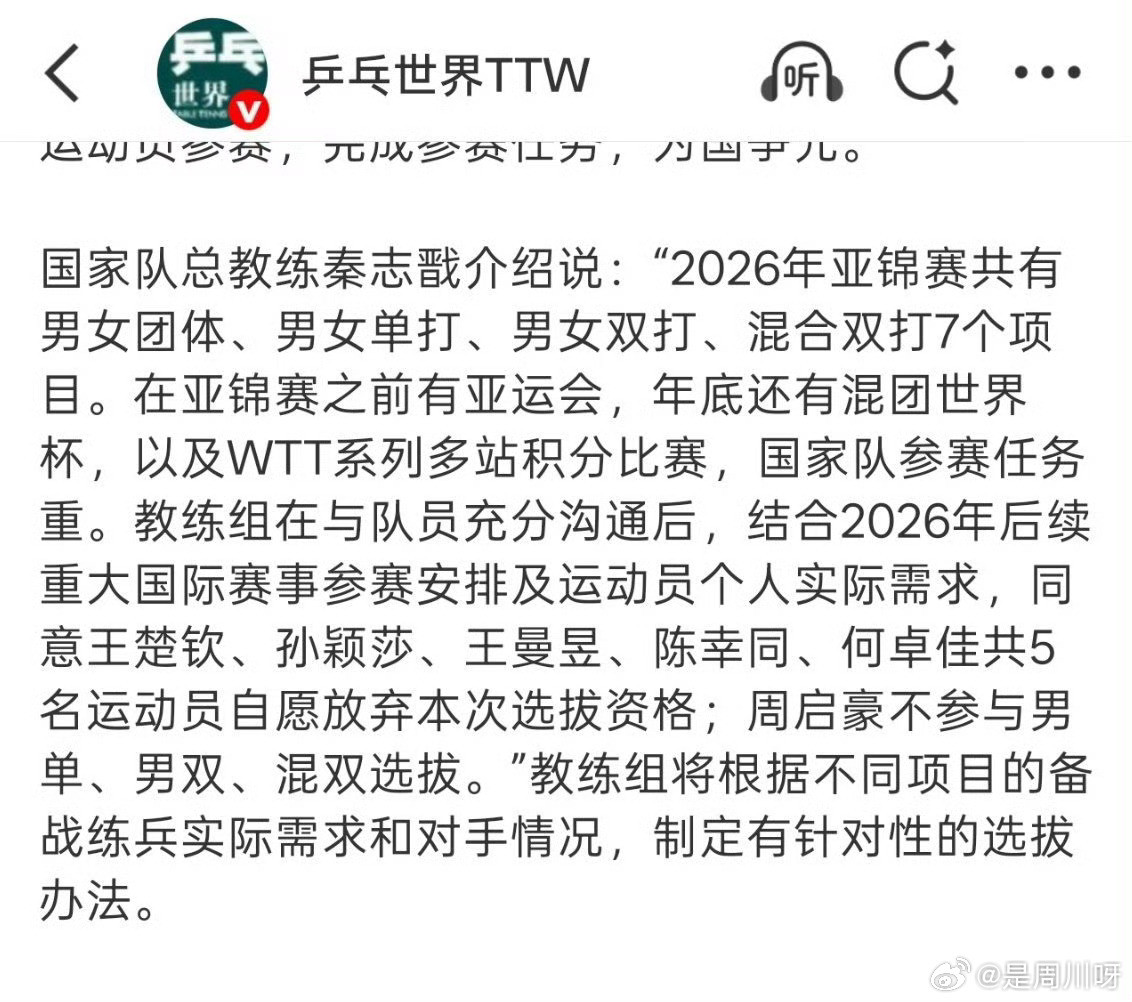 王楚钦自愿放弃亚锦赛选拔资格孙颖莎自愿放弃亚锦赛选拔资格国家队总教练秦志戬：“