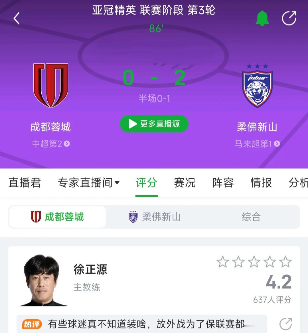 0-2！成都蓉城这场亚冠比赛确实留力中超了啊。徐正源派出的首发阵容里，主力球员