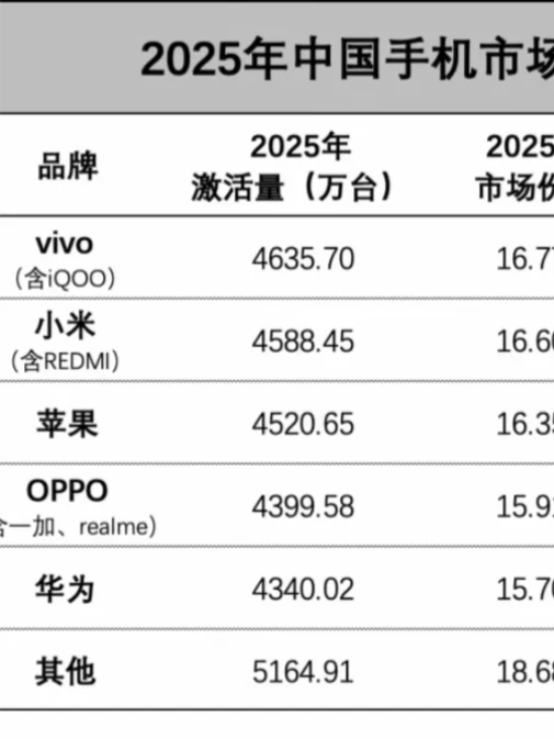 这下打脸了，2025年手机激活量排名不小心透露了真相！ 	 不管手机厂...