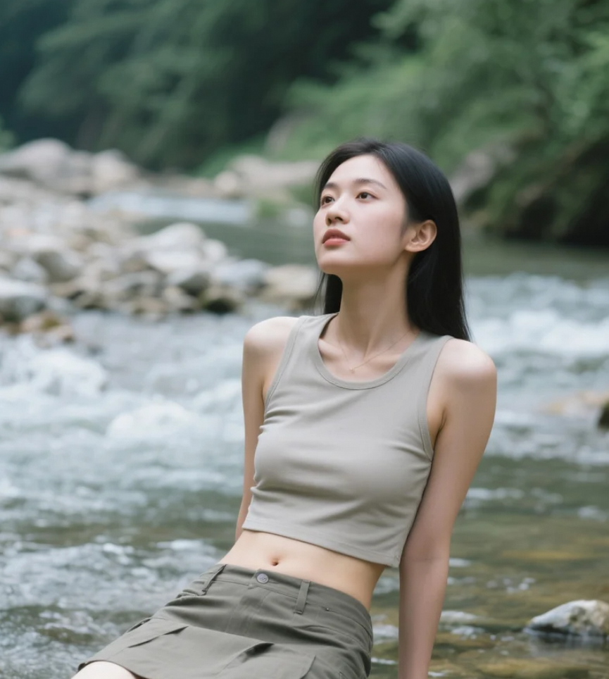 小憩于溪流边的亚洲美女，享受大自然的美好时光