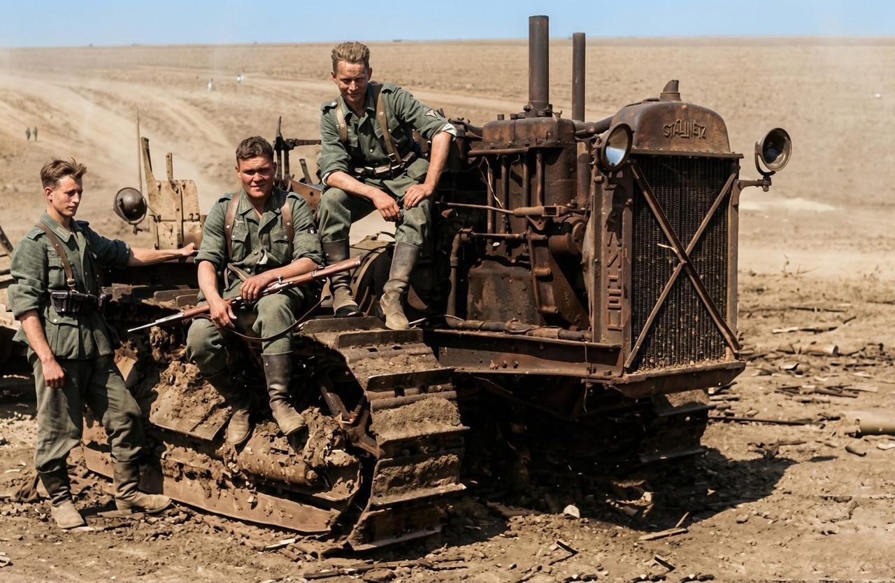 1941年，苏联境内，德军士兵与斯大林60型拖拉机合影！“斯大林-60型”履