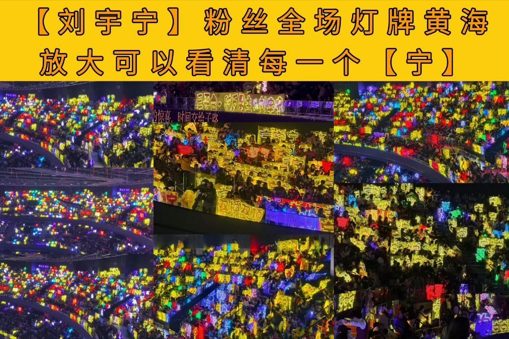 刘宇宁尖叫之夜灯牌刘宇宁尖叫之夜灯牌简直就是连成了一大片了呀，观众席上面有好