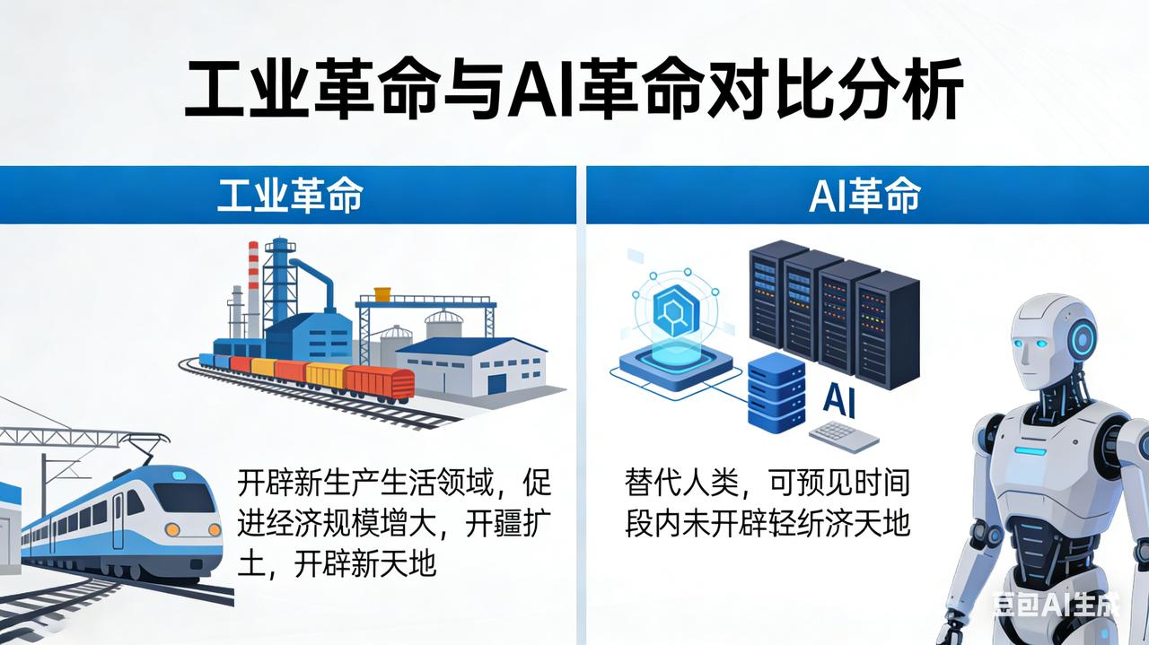 工业革命和AI革命的不同之处是，工业革命开辟了新的生产生活领域，促进经济规模增大