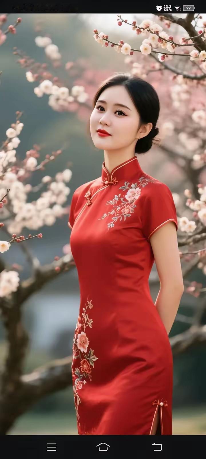 清江引·梅下旗袍佳人梅枝轻舞香风递，春绪随香寄。红缎韵悠长，绣蕊情柔腻。