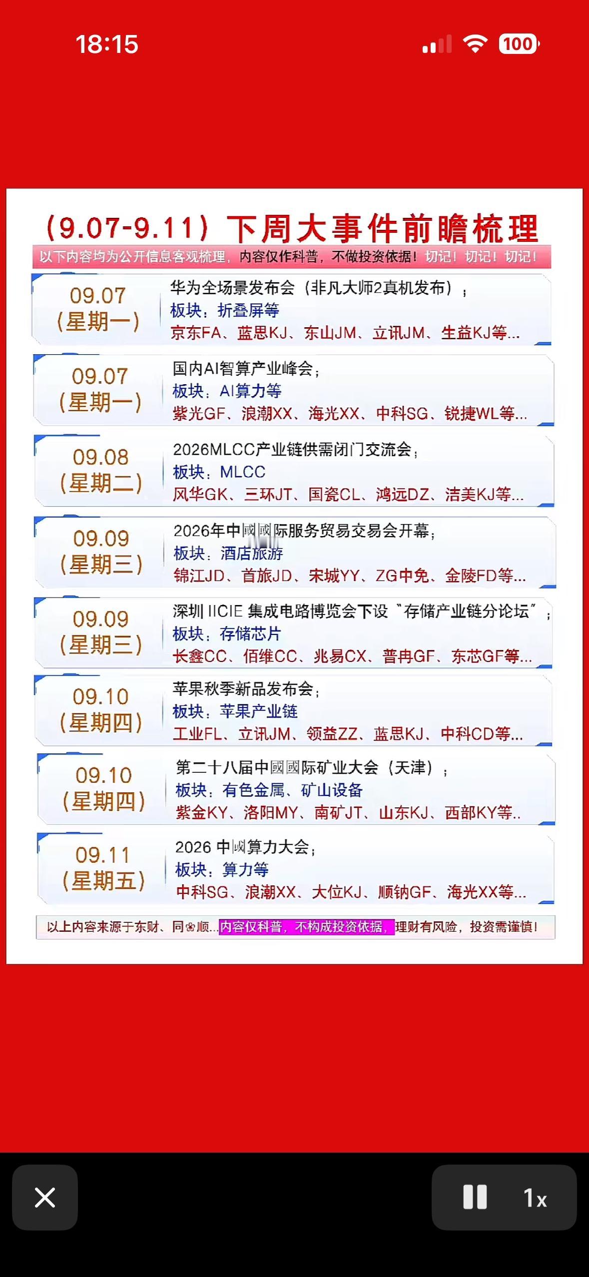 9月7日下周重要事件日程表，提前看一眼。下周重要事件日程表，提前看一眼。做