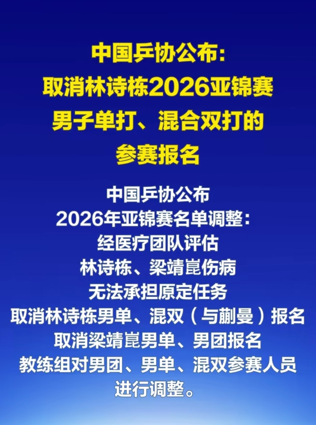 让我先来说两句：第一句，经国家队医疗专家组综合评估，林诗栋、梁靖崑两位队员当前伤病状况暂不适合亚锦赛